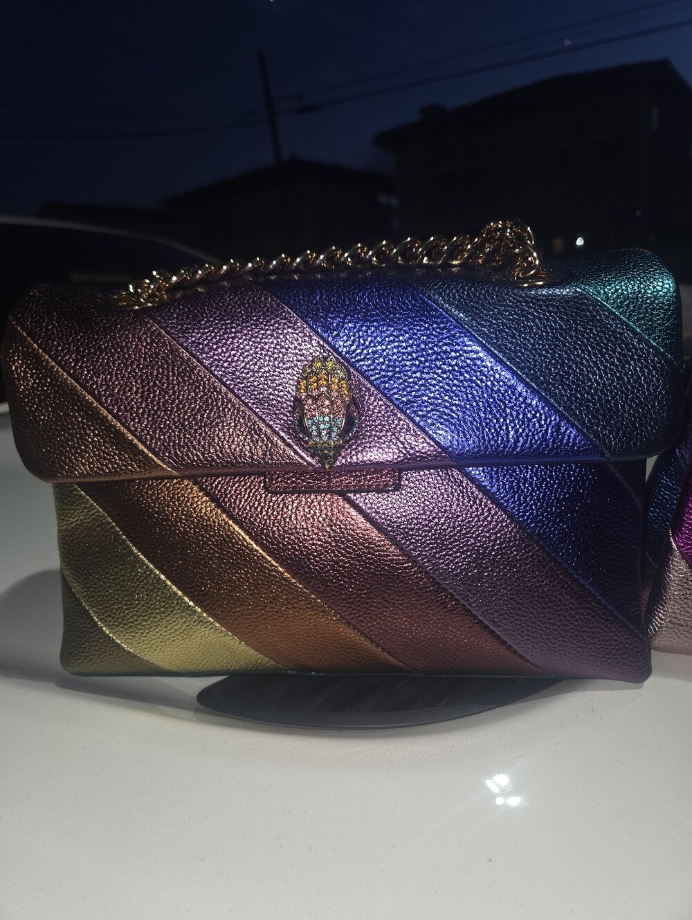 Kurt Geiger Iridescent Multicolor Quilted Shoulder Bag with Gold-Tone Chain